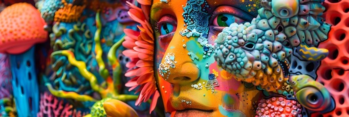 Aufkleber - Vibrant Psychedelic Surreal Abstract Face with Kaleidoscopic Coral Reef like Organic Patterns and Textures