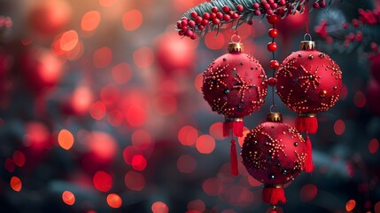 Poster - Vibrant Red Christmas Ornaments Hanging on a Festive Tree with Sparkling Bokeh Lights