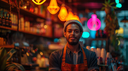 Wall Mural - barista is waiting for customers at his own small coffeeshop.