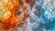 © MAY - A macro photograph of two liquids of different colors being poured together, capturing the moment of blending and mixing as the colors swirl and merge into a new hue.