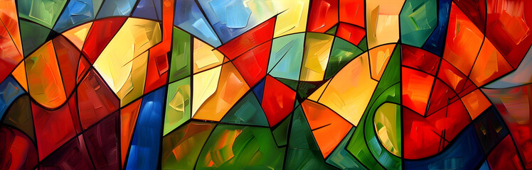Poster - Vibrant Stained Glass Mosaic Composition with Geometric Shapes and Vivid Colors