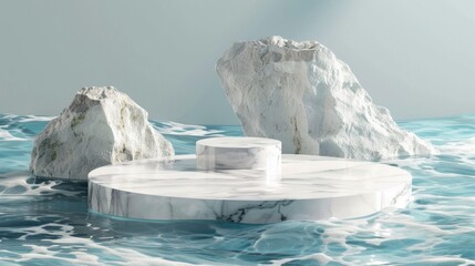 Wall Mural - marble podium floating on ocean waves with white rocks