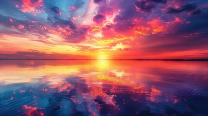 Wall Mural - A mesmerizing sunset over a tranquil lake, with the sky painted in stunning hues of orange, pink, and purple, reflecting off the calm water surface.