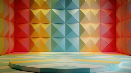 Wall Mural - Round podium, multicolored background.  The rainbow spectrum. An empty showcase for displaying goods. 3D rendering.