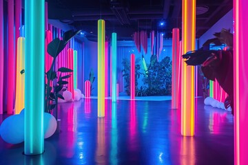 Fototapete - a tunnel with colorful lights inside, Whimsical neon dreamscapes