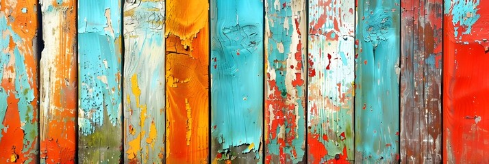 Poster - Weathered Wooden Planks in Vibrant Hues of Green Orange Red and Teal Forming a Textured Vintage Inspired Background