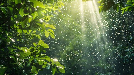 Wall Mural - An immersive image depicting the beauty of summer rain in a dense forest, with raindrops falling heavily amidst vibrant green foliage, sunlight breaking through the canopy to create a mesmerizing