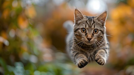 Wall Mural - Tabby Cat Leaping Through Autumn Foliage