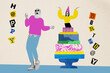© deagreez - Sketch image composite trend photo collage of happy birthday celebration greeting card young lady appear huge sweet cake aged man dance