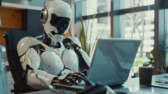 White robot working on laptop in modern office