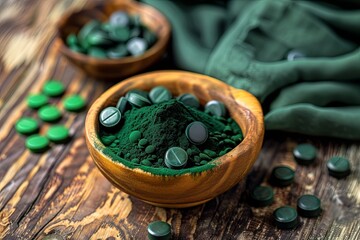 Sticker - Spirulina Supplements on Wooden Table: Featuring Spirulina powder and tablets, showcasing their natural superfood