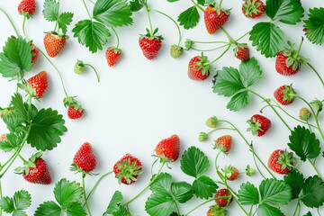 Wall Mural - Sweet Strawberry and Green Leaves on White Background: Fresh strawberries with green leaves, offering a delightful