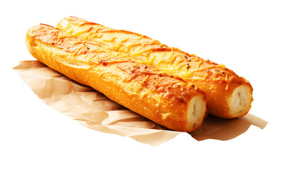 Brown French bread golden yellow long stick on candy wrappers isolated on cut out PNG or transparent background. Freshly baked baguette Eat with soup, spread with fresh butter, or make sandwich.