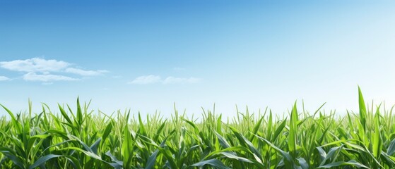 Wall Mural - Green corn field and blue sky with white clouds.