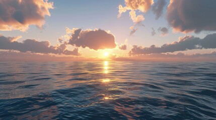 Wall Mural - Sunrise over the ocean with cloudy sky and sun on the horizon