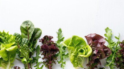 Wall Mural - Variety of lettuce leaves arranged on a white background with space for text