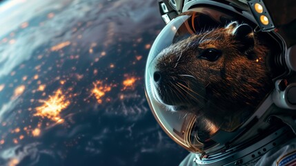 Wall Mural - A capybara astronaut gazes at Earth from space, its face reflecting the wonder of the cosmos