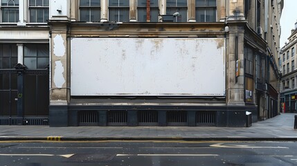 A blank white billboard on the side of an old building in London, England, representing advertising and branding mockups for virtual live event marketing concepts.