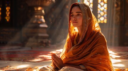 A young woman dressed in a traditional Indian sari, sits with her hands clasped in prayer, bathed in the warm glow of golden hour