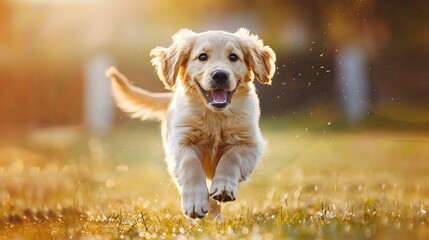 A happy Golden Retriever running on the grass in bright sunlight, with its ears flapping and mouth open for air, creating an adorable scene of joyous playfulness.