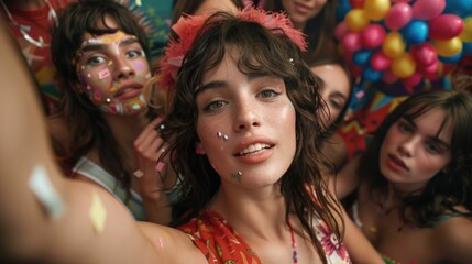 A group of happy smiling friends posing together for a celebratory selfie surrounded by a vibrant array of party and colorful balloons in the background capturing the joyful