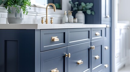 Wall Mural - A navy blue bathroom vanity with brass hardware, set against white walls and light grey floors in an elegant contemporary style home interior design of a modern bedroom bathroom.