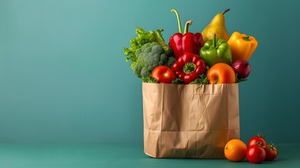 A paper bag full of fresh fruits and vegetables against a green background with space for copy, in the style of a banner design. A colorful healthy food concept.