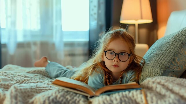 A young girl with glasses lounges on a sofa, deeply immersed in her book. The warm glow of a lamp adds a touch of comfort to this delightful reading nook.
