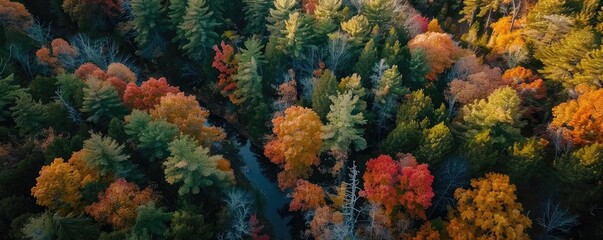 Stunning aerial view of a colorful forest in autumn, featuring vibrant fall foliage in shades of red, orange, yellow, and green.