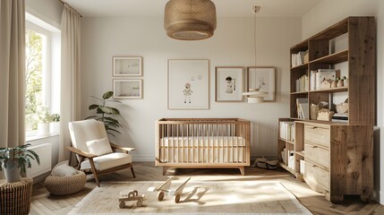 Wall Mural - A Scandinavian style nursery with wooden furniture, and minimalist decor. A crib is placed in the center of an open space adorned with bookshelves, modern chairs, and pictures on wall mockups.