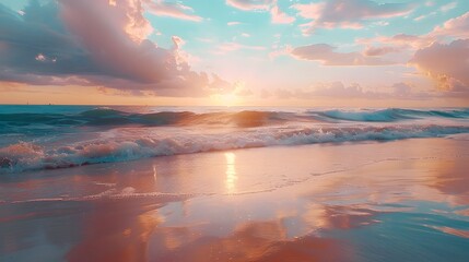 A serene beach at sunset, with the ocean waves crashing against the shore and colorful clouds in the sky reflecting on its shimmering surface.