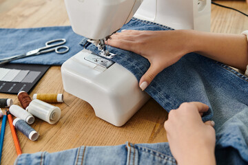 Wall Mural - A woman in casual attire upcycles jeans using a sewing machine for an eco-friendly project.