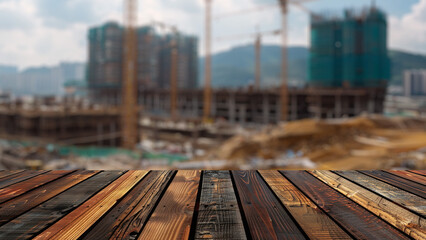 Wall Mural - Empty wood table top with blur background of real estate construction site.