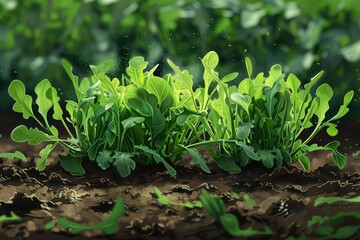 Wall Mural - Arugula thrives on a lush plantation, its verdant leaves vibrant and crisp, cultivated organically to ensure freshness and quality