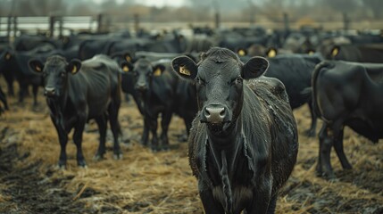 Black cattle herd on overcast day