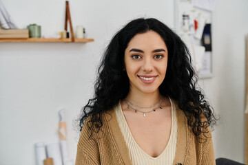 Wall Mural - A joyful young woman with long black hair smiles warmly at the camera.