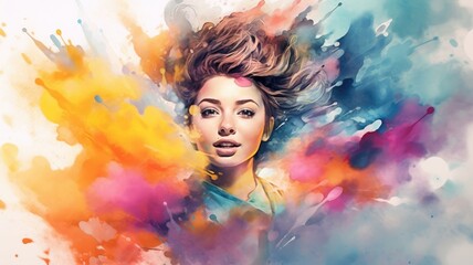 Wall Mural - Close up of beautiful woman portrait with dynamic watercolor splash. AIG35.