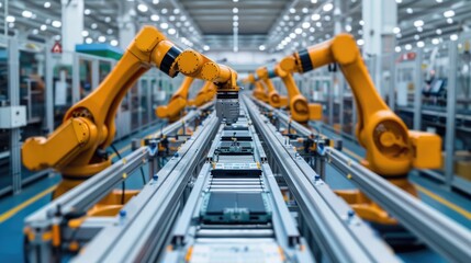Fototapete - Advanced yellow robotic arm performing tasks on an assembly line in a modern industrial setting