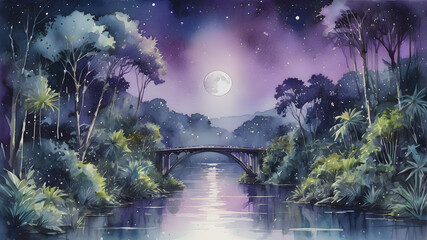 Wall Mural - night landscape with moon