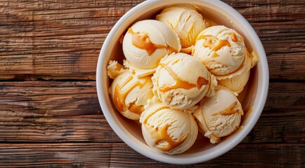 Canvas Print - Bowl with scoops of caramel ice cream on a wooden table, top view.