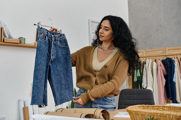 Wall Mural - A young woman examines a pair of jeans, exploring sustainable fashion choices.