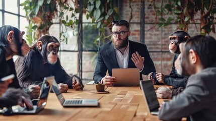 Monkeys in business settings highlight the importance of teamwork and involvement, with professional attire and discussions promoting success and growth AIG535