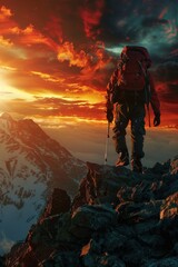 Wall Mural - A man wearing an orange jacket stands on a mountain top with a backpack. The scene is serene and peaceful, with the man taking in the beautiful view of the mountains and the lake below