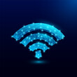 © Adisak - Futuristic glowing low polygonal Wi Fi symbol signal. Free internet zone hotspot. Smart wireless networking digital technology innovation. Banner with empty space for text. Vector.