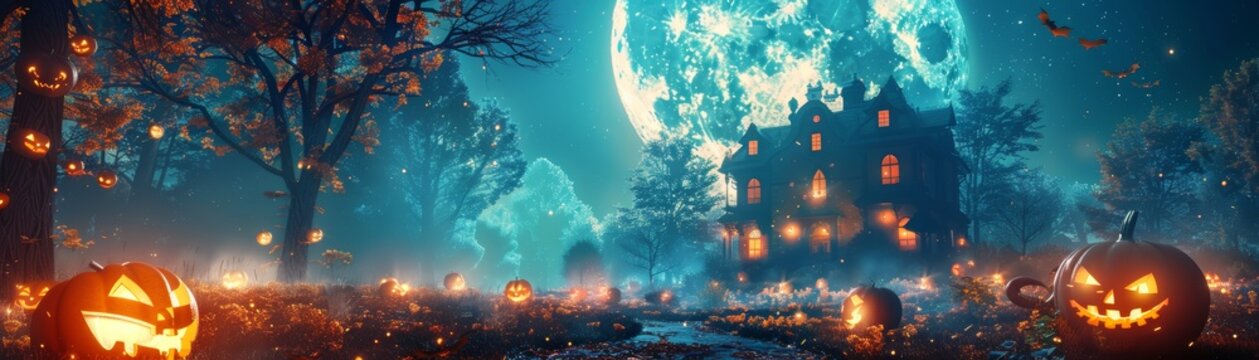 Capture the enchanting mystique of Halloween night with a haunted house silhouetted against a luminous full moon, surrounded by glowing pumpkins