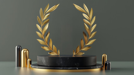 3D illustration of a golden laurel wreath with black podium.