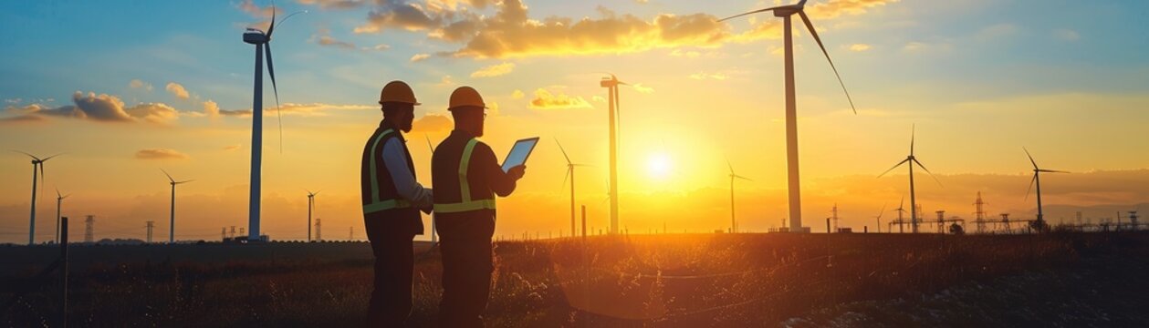 Two engineers in safety gear inspect wind turbines during sunset, highlighting renewable energy and sustainable technology.