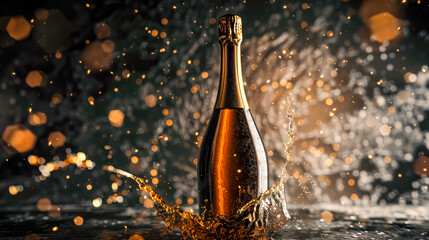 Champagne splash over a full golden bottle. Celebration background.