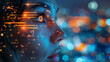 © jiacheng - Closeup of a Woman's Face with Glowing Digital Data Particles Symbolizing AI Integration in Human Life Against a Blurred Night Cityscape