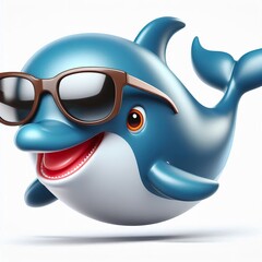 Wall Mural - 3D cartoon of a Happy Dolphin fish wearing sunglasses isolated white background